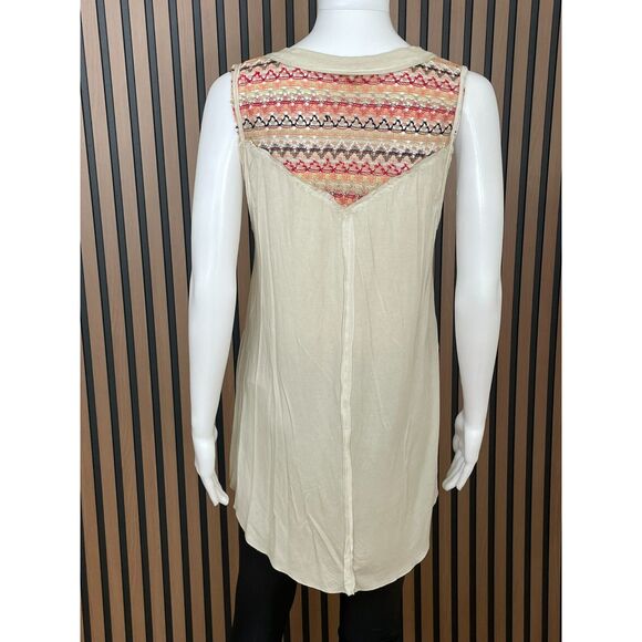 POL Women's Top Tank Blouse Brown Henley S Crochet Boho Embroidered Button Flowy - Picture 2 of 8